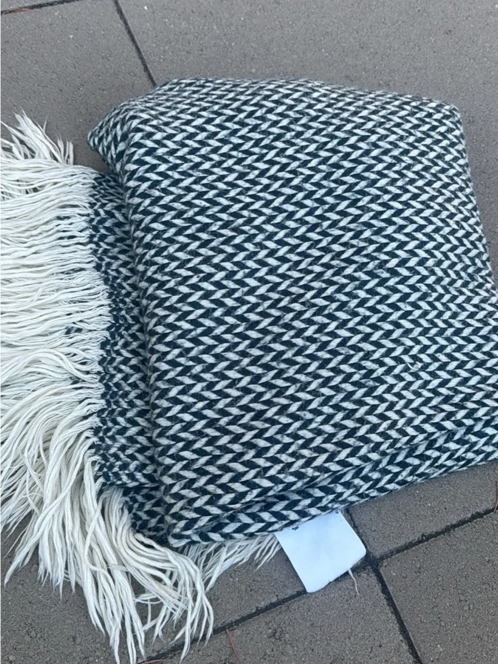 West Elm Deep Teal and Cream Chevron Fringe Throw Blanket